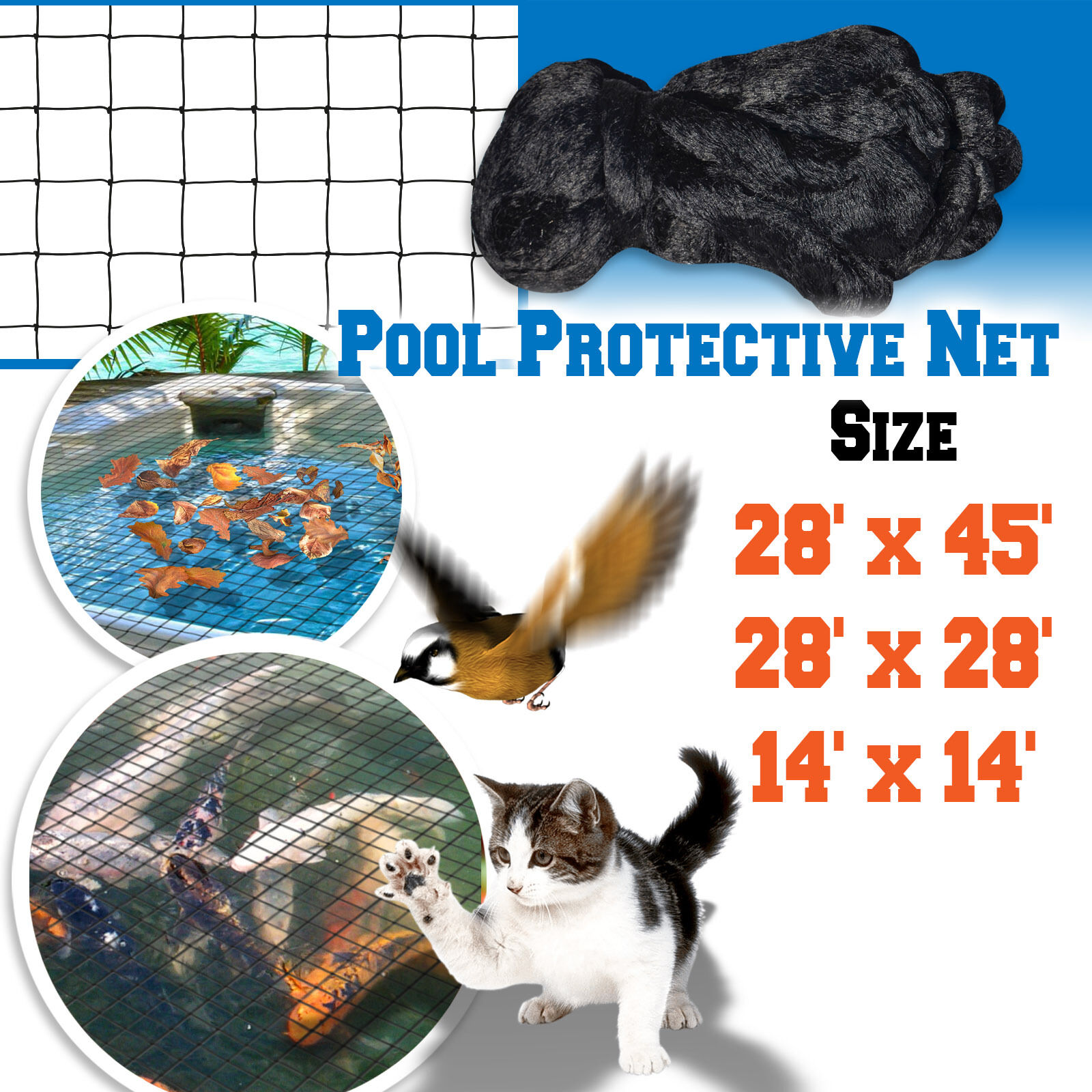 Pool Netting Pond Protective Floating Net 14x14' 28x28' 28x45' Tub Mesh Cover