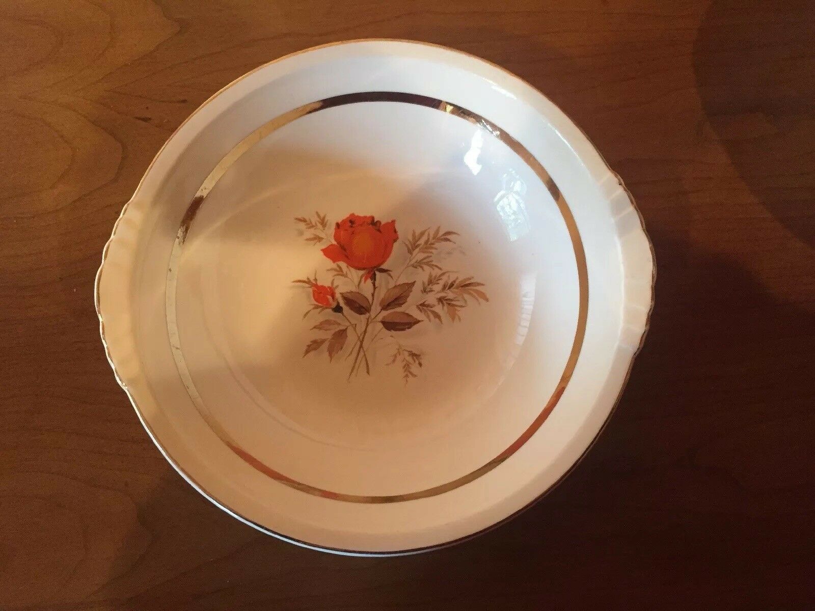 Paden City Pottery Orange Rose 22k Gold Trim 9” Serving Bowl Vintage