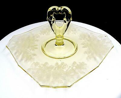 Paden City Glass Ardith Yellow Floral Etched 10" Center Handle Tray